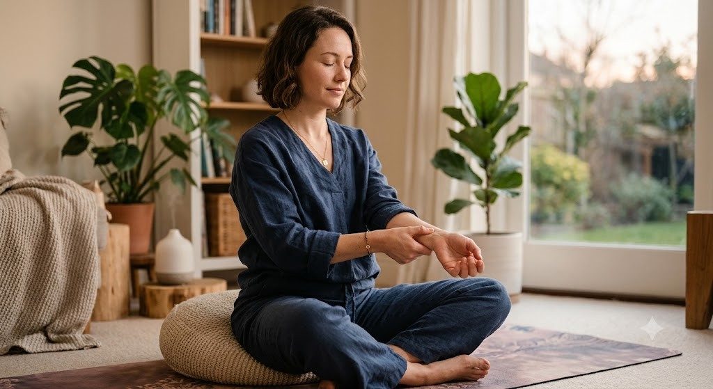 Woman practicing mindfulness while gently massaging her wrist. 
