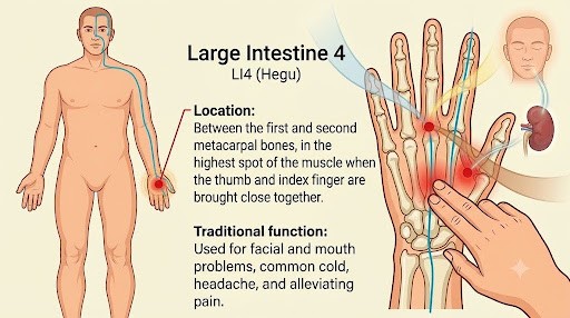 Large Intestine 4 acupressure point located between the thumb and index finger.