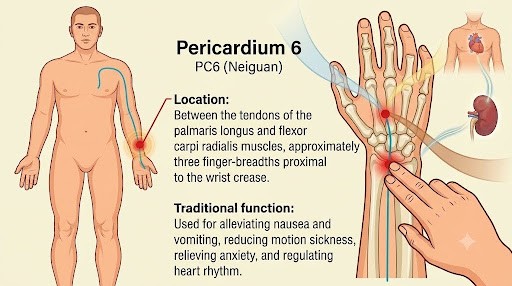 Pericardium 6 acupressure point located on the inner forearm above the wrist.