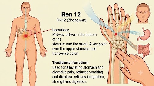 Ren 12 acupressure point located in the center of the upper abdomen.